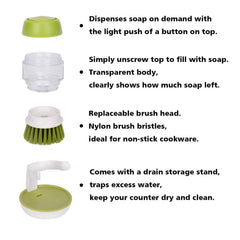 MOMISY Plastic Cleaning Brush with Soap Dispenser for Kitchen, Sink, Dish Washer with Storage Stand-Pack of 1 (Green)
