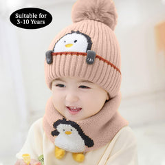 SYGA Baby Winter Cap with Scarf Knitted Penguin Design Beanie Hat for 3-10 Years, Stretchable Woolen Neck & Ear Protection(Yellow)