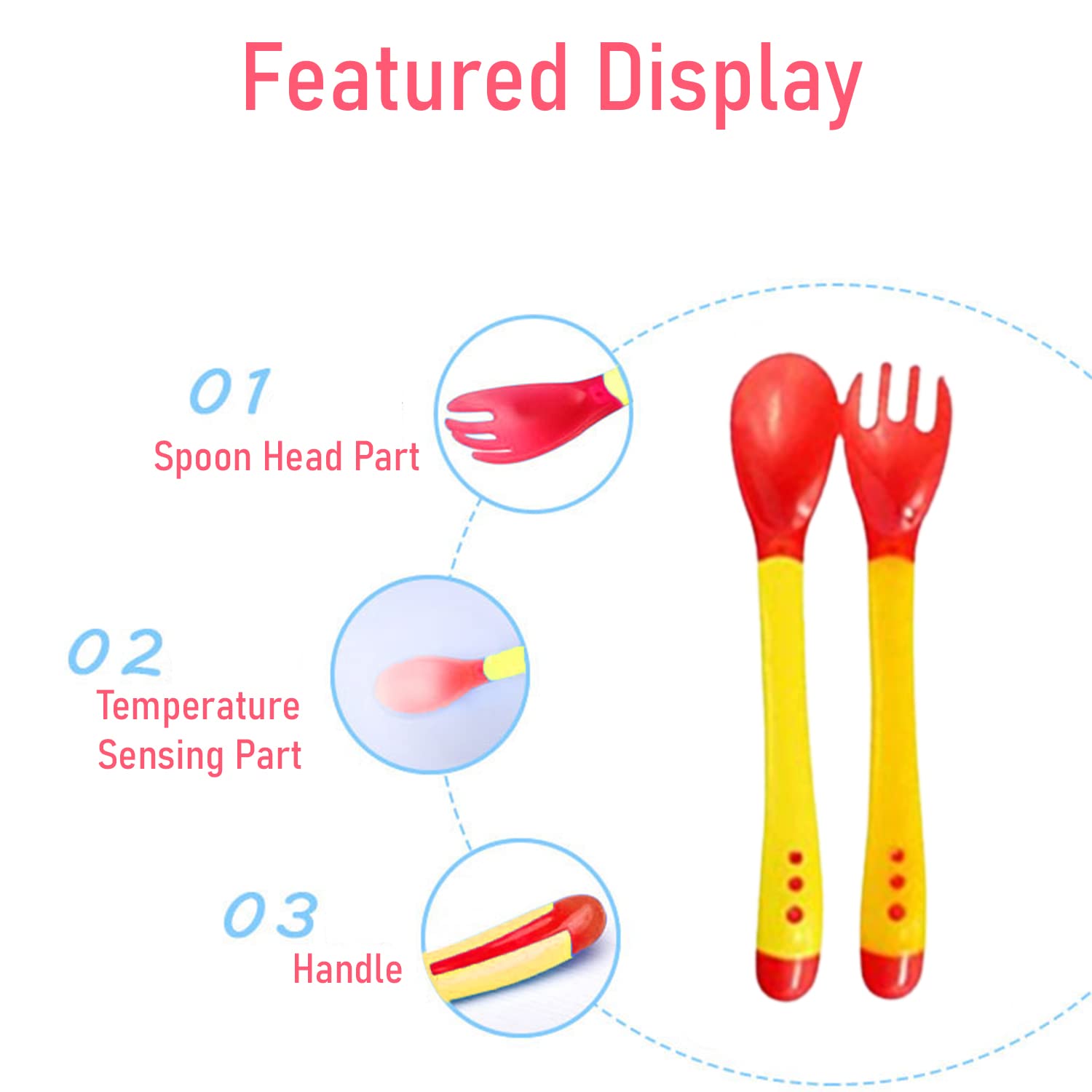 SYGA 2PCS Infant Baby Fork and Spoon Set Baby Feeding Learning Temperature Sensing Kid Utensils Toddler Anti-Choke Self Feeding Accessories (Baby Temperature Spoon Blue), Polypropylene, 3.5 inches