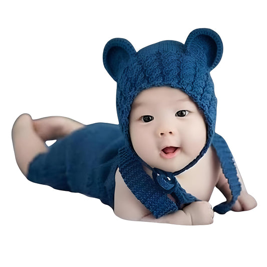 Baby Photography Costume Set, Knitted Bear Ear Beanie Cap with Romper, Navy Blue
