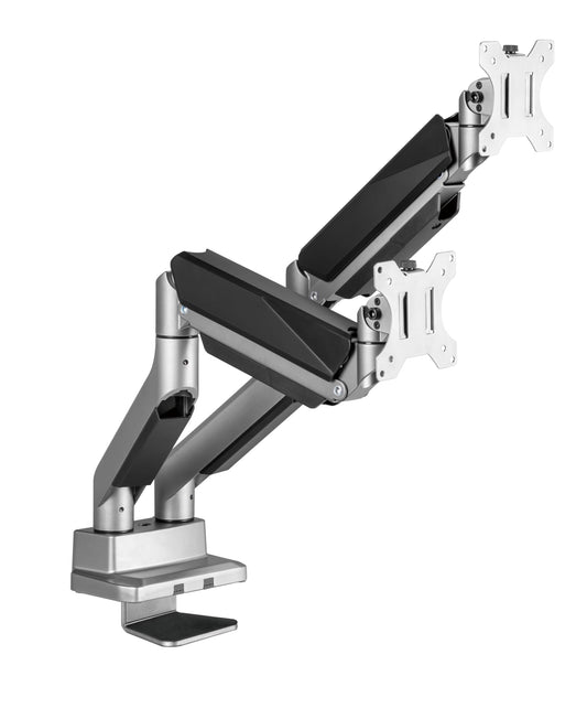 Jin Office Heavy Duty Dual Monitor Stand with Gas Spring Height Adjustment for 13-35" Monitors | Adjustable Double Monitor Arm | 2 Monitors Desk Mount | 15 KG Weight Capacity per Arm (Premium Silver)
