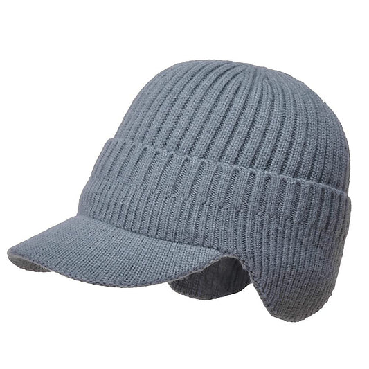 SYGA Mens Wool Winter Beanie Earflaps Baseball Cap With Warmer Outdoor Fleece Hat With Visor- Gray, Free Size