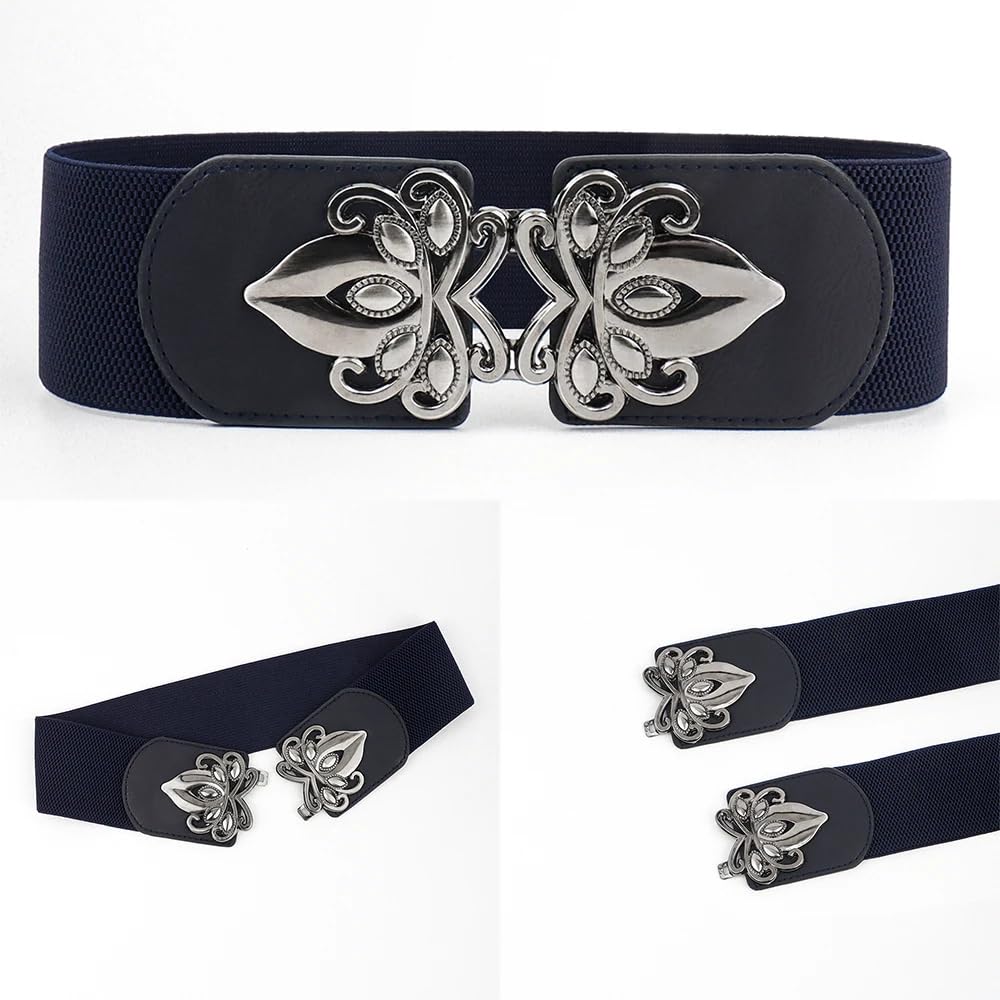 SYGA Women Cinch Belt, PU Leather Stretchy Waist Belt with Emblem Metal Buckle, Retro Style - Navy Blue((Fits Waist Size 25-35)