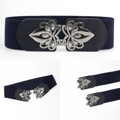 SYGA Women Cinch Belt, PU Leather Stretchy Waist Belt with Emblem Metal Buckle, Retro Style - Navy Blue((Fits Waist Size 25-35)