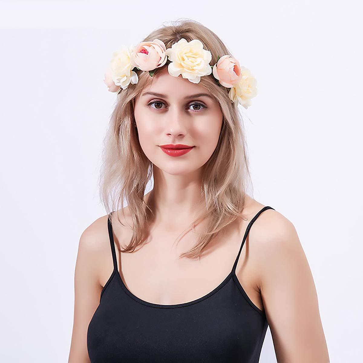 SYGA Women Silk Rose Floral Crown Hair Wreath Leave Flower Headband Tiara with Adjustable Ribbon for Girls, Pack of 1 - Blue