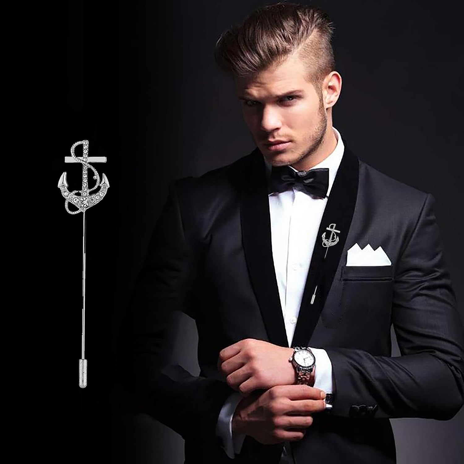 SYGA Men's Retro Crystal Flower Lapel Pin, Small Suit Brooch with CZ Stones, Silver