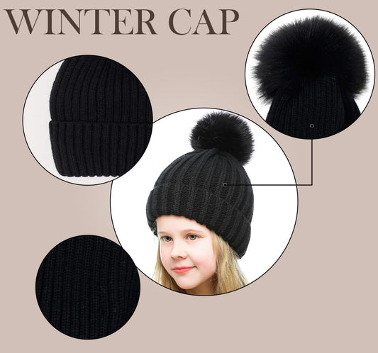 SYGA Unisex Wooln Warm Winte Cap Pompom Beanie Hat for 1-3 Year Baby Cap - Black