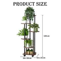 STANSY 6 Tier Plant Stand with Wheels | Tall Multi-Layer Indoor Plant Rack for Multiple Pots | Corner Flower Stand for Home, Balcony, Living Room, Patio (Mocha Brown + Black, 138cm)