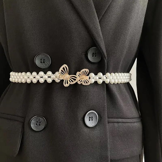 SYGA Pearl Adjustable Waist Belt with Hollowed Tassel Detail, Suitable Size for Waist 24-34 INCH