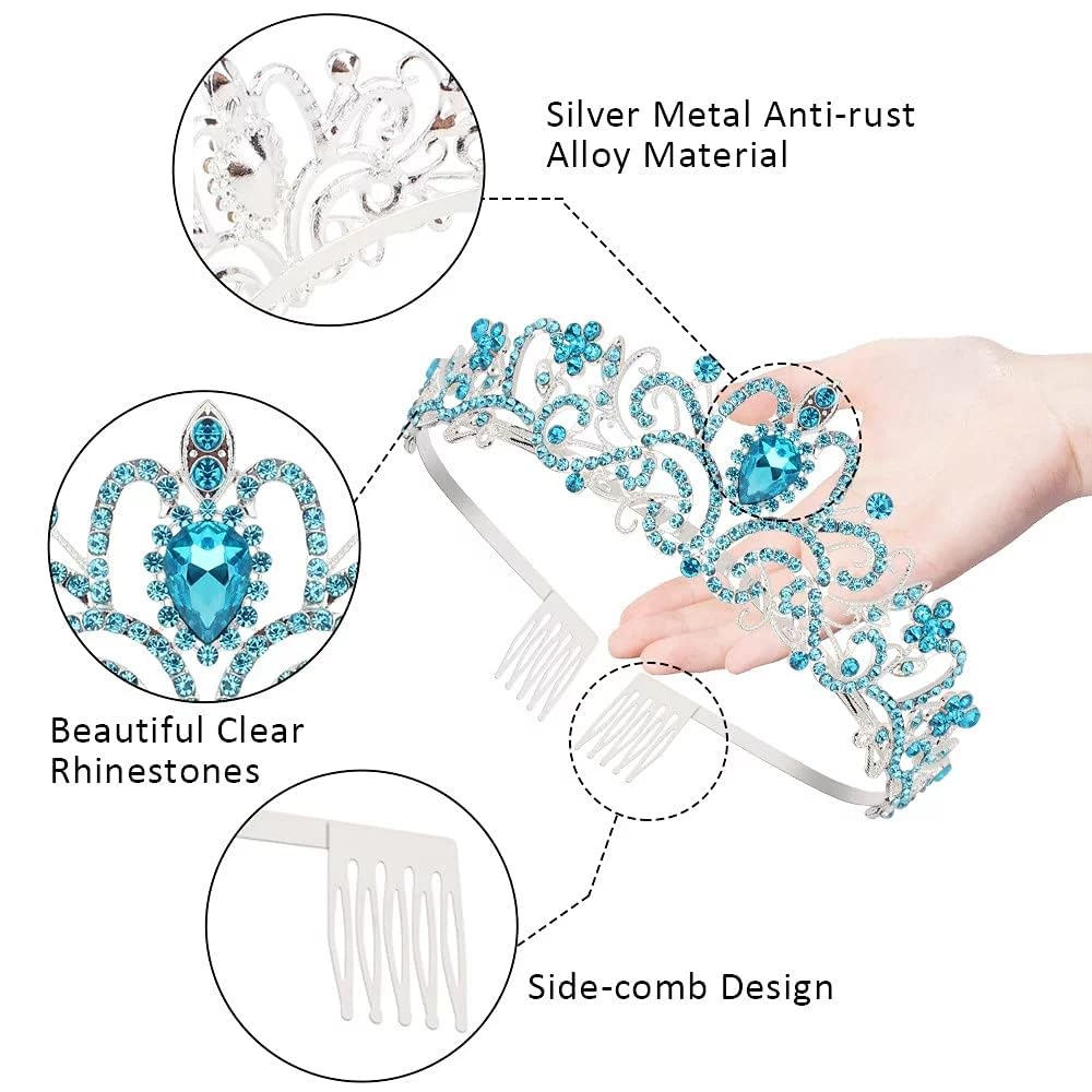 SYGA Bridal Princess Girl Tiara and Rhinestone Crown Headband Hair Accessories for Women Wedding Ceremony Party (Silver Plating + Sky Blue)