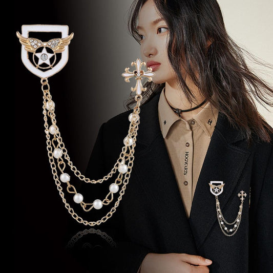 SYGA Men's & women Suit Shirt Stud Lapel Pin Chain Tassel Brooch Pin with Crystal Chain(Golden white)
