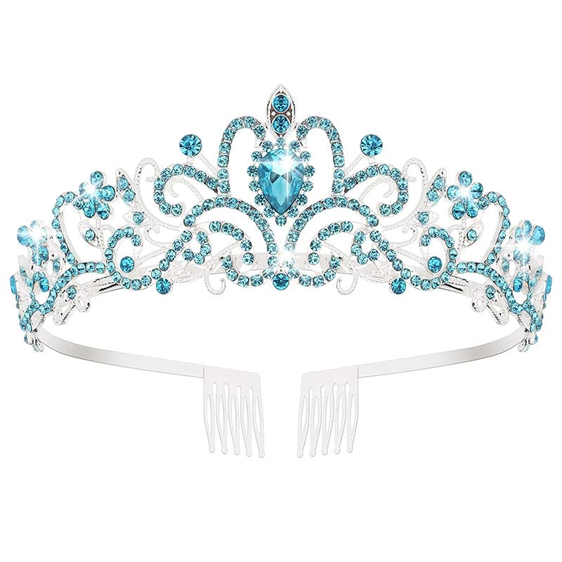 SYGA Bridal Princess Girl Tiara and Rhinestone Crown Headband Hair Accessories for Women Wedding Ceremony Party (Silver Plating + Sky Blue)
