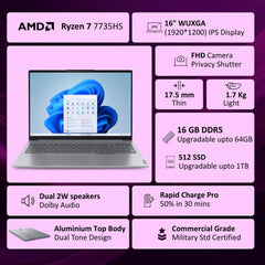 Lenovo ThinkBook 16, AMD Ryzen 7 7735HS, 16GB RAM, 512GB SSD, WUXGA IPS 16", Windows 11 Home, 1.7kg, 21MWA0AUIN, Backlit Keyboard, Fingerprint, 300 Nits, 1Y Warranty, Aluminium Top Laptop