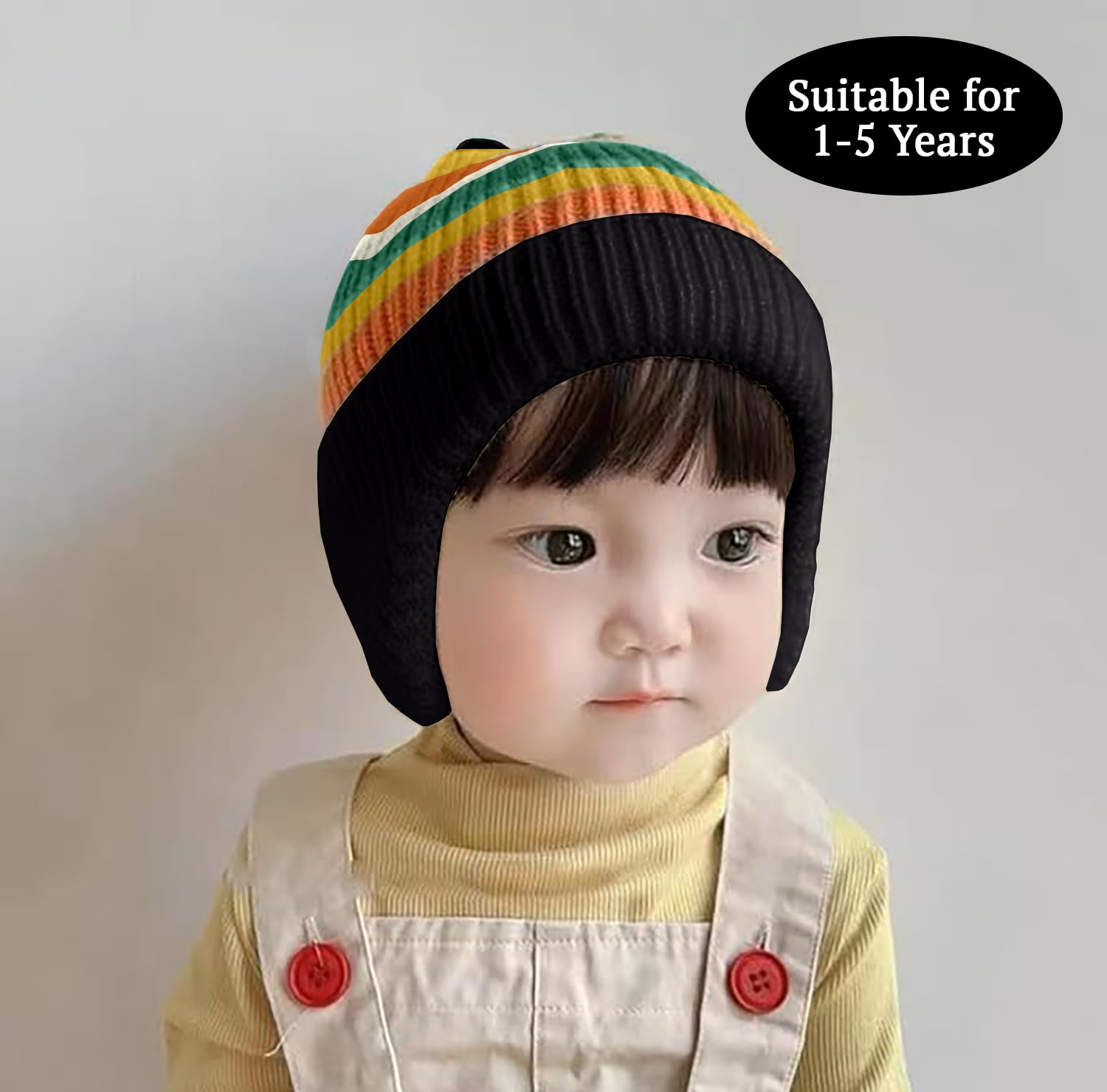 SYGA Baby Winter Cap 1-5 Years Wool Multi-Stripe Warm Knitted Hat with Ear Protection Rainbow hat [Black]