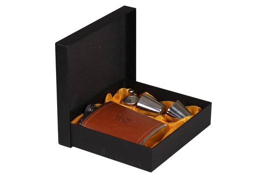 SYGA Hip Flask Set Gift Box Pocket Flask Funnel and 2 Cups Pocket Friendly Pocket Drinking Flask for Alcohol Whiskey Rum Vodka for Men and Women, Brown Leather - 210ml