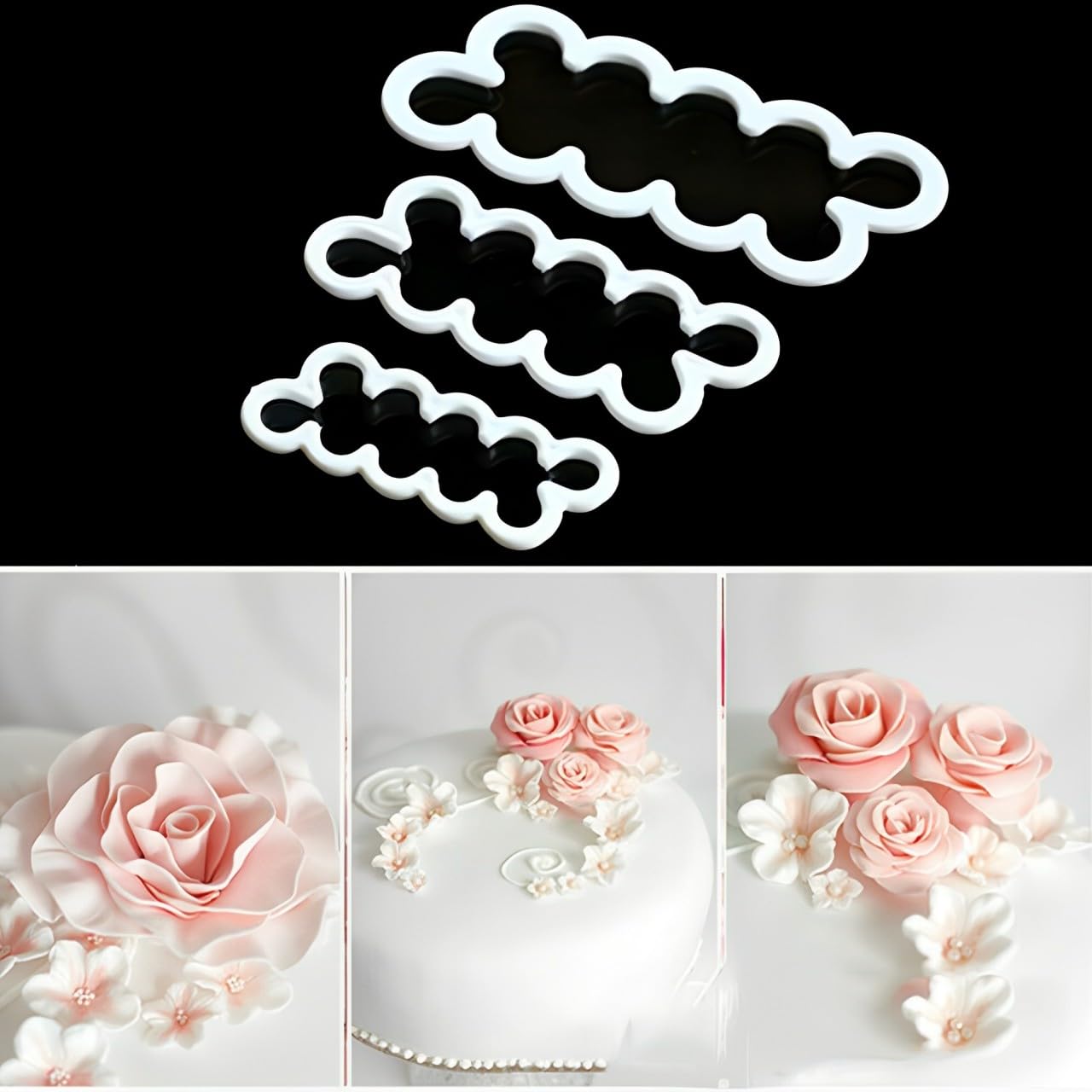 Syga 3pcs Cake Decoration Mold, DIY One-Piece Molded Fondant Roses Printing Mould Tool Set, Food Grade Cutter Modeling Tools for Christmas Party Wedding Cake in Mould Dessert Decorators, White