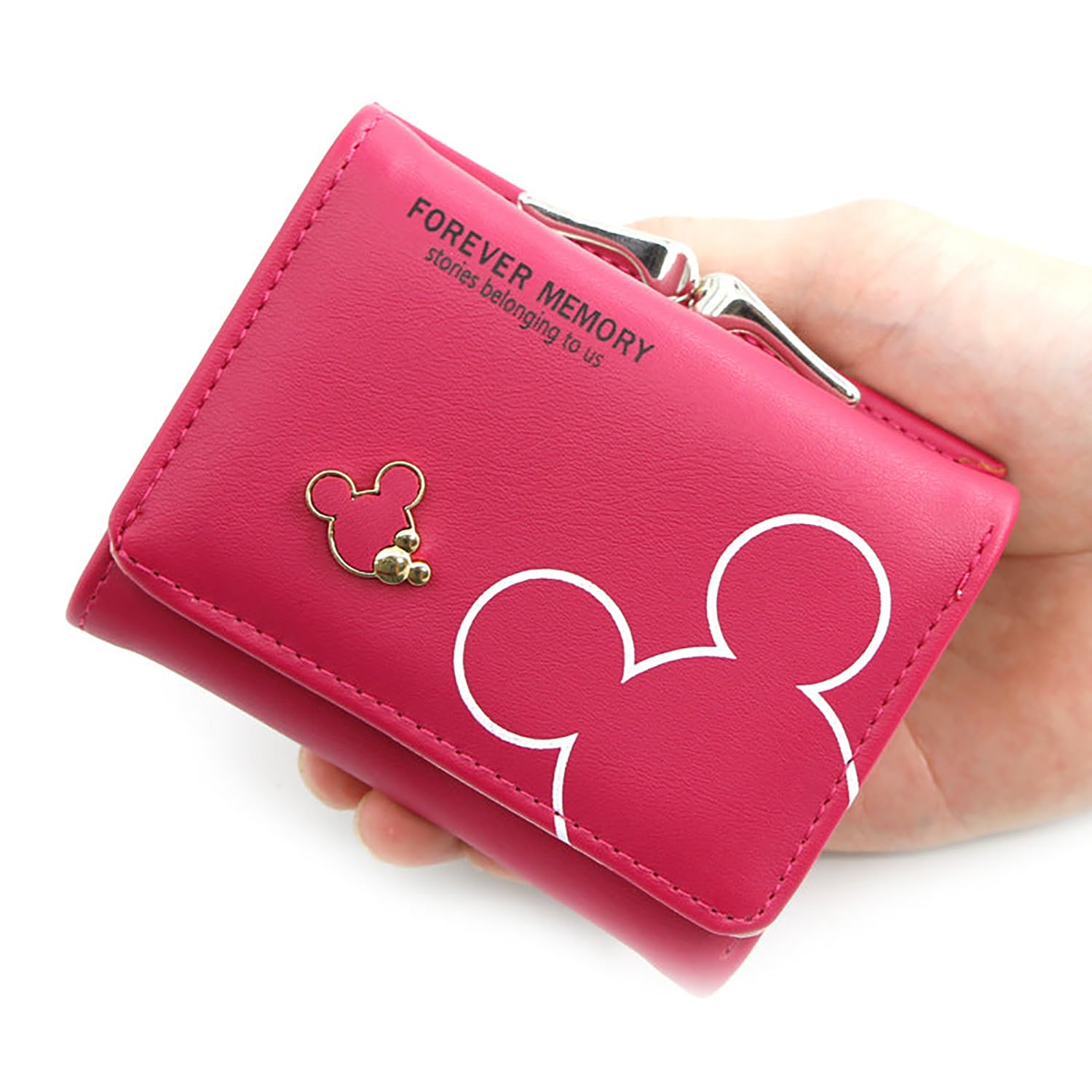 SYGA Women's Cute Mickey Mouse PU Leather Wallet with Iron Clip Stylish Card & Coin Purse(Rose Red)