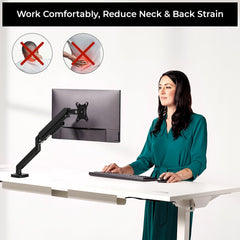 Single Monitor Arm with Laptop Tray, Full Motion Adjustable Stand, Gas Spring Mount for 13–30 Inch Screens, VESA 75x75/100x100 Compatible, Clamp & Grommet Base, Supports 1 Monitor or Laptop