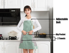 MOMISY Kitchen Cooking Apron with Pocket and 2 Stitched Towels Waterproof Adjustable Durable Stripe Kitchen Women Men Apron with Pockets Bib (Striped Green)