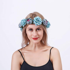 SYGA Women Silk Rose Floral Crown Hair Wreath Leave Flower Headband Tiara with Adjustable Ribbon for Girls, Pack of 1 - Blue