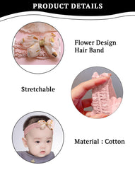 SYGA 3 Pcs Baby Girl Headband Soft Flower Bow Strechable Hairband Suitable For Newborns, Infants, Toddlers and Kids 0-3 Years(Beige Crown/Pink 3 Flowers)