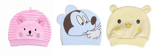 MOMISY 1 Piece Small Cartoon Design Baby Cotton Cap for Newborn Baby Boys and Girls of Age 0 to 5 Months (CtPnk-MkBlu-PndaLtYlo)