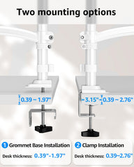 Dual Monitor Stand Height up to 26.6 inch, Monitor Desk Mount Holds up to 32 inch & 22 lbs Each, Gas Spring Dual Monitors Arm with C-clamp & Grommet Mounting, Freelift White