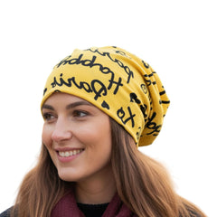 MOMISY Women Unisex Winter Beanie Hat & Neck Warmer | Knitted Multifunctional Scarf Cap with Letter Print | Warm Pullover Hat (in, Alpha, Free Size, YellowLetter)