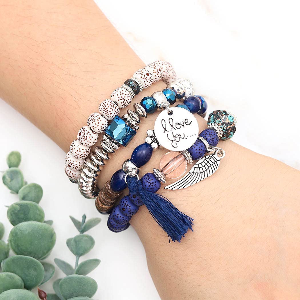 SYGA Bohemia Multilayer Bracelet, Retro Bracelet Set, Elastic Tassel Bracelet, Stackable Bracelet for Boy and Girl, Party, Holiday, Beach Accessories- Design 1