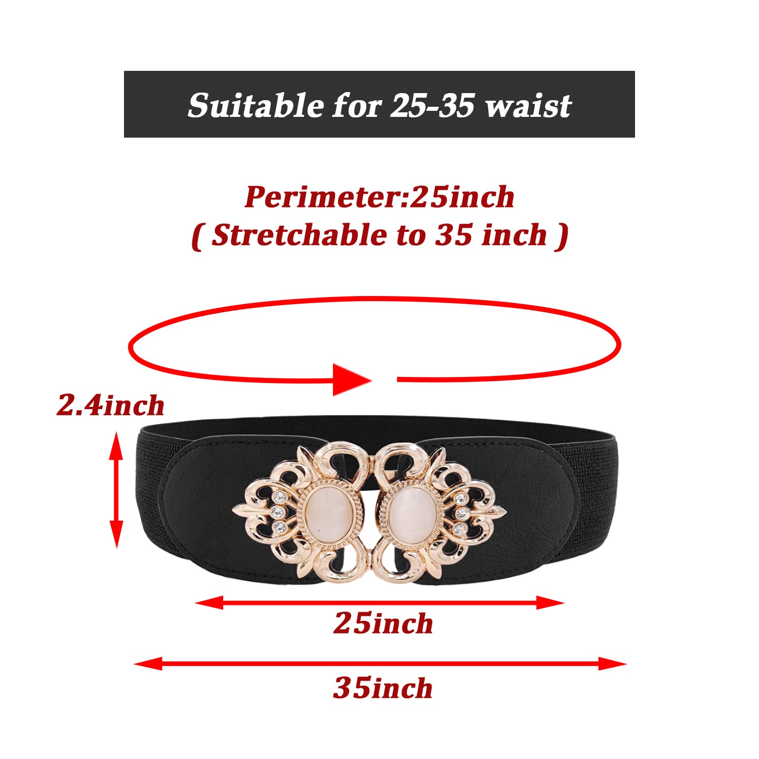 SYGA Women Cinch Belt, PU Leather Stretchy Waist Belt with Pearl Studded Metal Buckle, Retro Style - Black