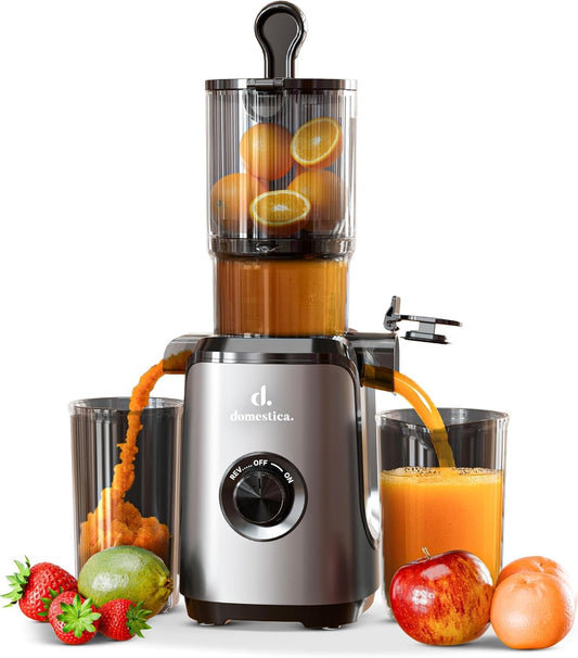 DOMESTICA Dripdrop Cold Press Juicer for Home with 108mm Wide Feed Chute | Slow Juicer Machine for Fruit, Veggie & Nut Milks | Smart Reversal Technology & Triple Strainers For High Nutrition