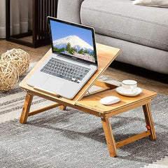 INTRAHAUS Wooden Extra Large Multi Tasking Height Adjustable Foldable Laptop Table Portable Study Writing Desk for Bed Sofa Home Office Use Walnut Color Wide Surface Design