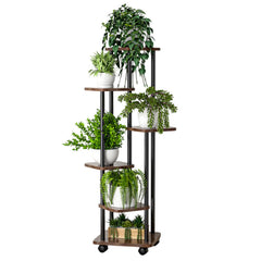 STANSY 6 Tier Plant Stand with Wheels | Tall Multi-Layer Indoor Plant Rack for Multiple Pots | Corner Flower Stand for Home, Balcony, Living Room, Patio (Mocha Brown + Black, 138cm)