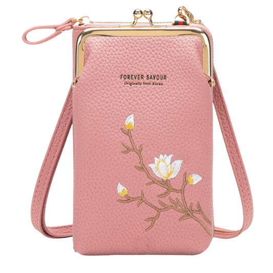 MOMISY Mobile Bag Cellphone Sling Bag Card Holder Wallet Handbag Crossbody multi-function Shoulder Bag for Girls & Women-Embroidery (Pink)