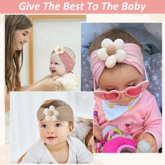 MOMISY Baby Headbands for Girls, Stretchy Flower Design, Pack of 3, Baby Shower Gift (OffWhite PinkPurple Khaki, 0-6Y)