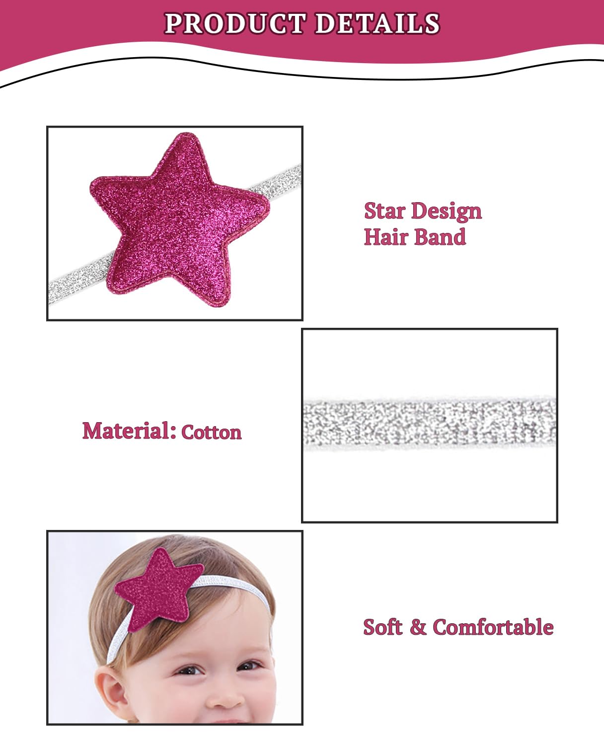 SYGA Baby Girl's Glittery Star Headband Soft & Stretchable Fabric Hairband for Infants, Toddlers Little Princesses (0-3 Years Dark Pink)