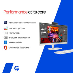 HP All-in-One, Intel Core Ultra 7 155U (16GB DDR5,1TB SSD) IPS, 300 nits, Touch, Anti-Glare, FHD, 27inch(68.6cm), Win11, M365*, Shell White, 6.72kg, FHD IR tilt Camera w/Privacy shuttter, 27-cr1418in
