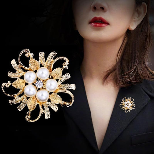 SYGA Brooch 5 Pearl Fashion Crystal Rhinestone Jewellery Pin Vintage Accessories Decoration Clothing Brooches for Bridal Women Girl - 5 Pearl Gold