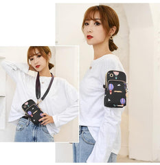 MOMISY Small Cross Body Bag, Multifunction 3 Layer Mini Shoulder Bag Phone Purse Armband with Headphone Port for Teens Girls Ladies Women (Balloon Black)