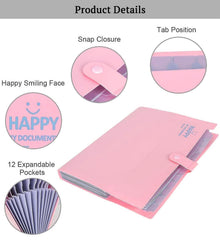 SYGA Cute Smiling Face Multi-Layer Accordion Bag Storage A4 Folder, Small Fresh Test Paper Bag Ticket Information Bag 12 Grids (Pink)