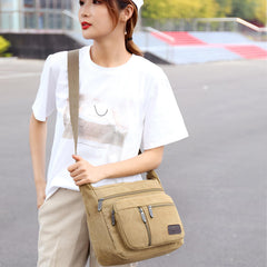 MOMISY Canvas Sling Cross Body Bag Travel Side Bag Office Messenger Bag Business Bag Multi Pocket Shoulder Bag Money Bag for Adults, Men and Women (Khaki)