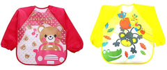 MOMISY Waterproof Smock Painting Apron for Kids Full Sleeve Feeding Bib for Babies Cartoon Animal Art for Infants Toddler Boys Girls (Pink Bear-Yellow Monkey)-Set of 2