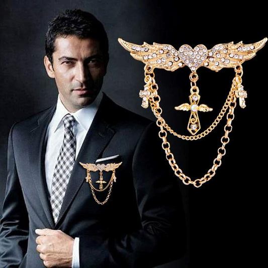 SYGA Men's & Women Suit Shirt Stud Lapel Pin Chain Tassel Brooch Pin with Wings cross model Crystal Chain(Gold)