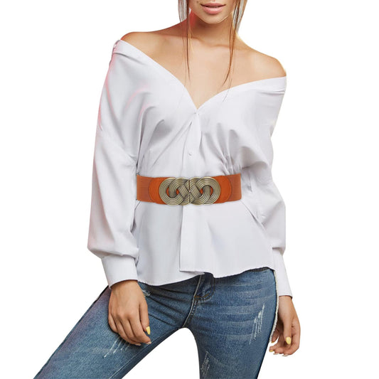 SYGA Women Cinch Belt, PU Leather Stretchy Waist Belt with Woven Metal Buckle, Retro Style Camel