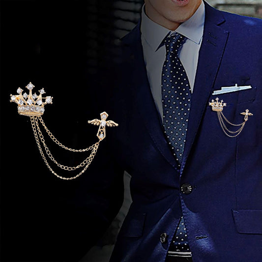 SYGA Men's & Women Regal Crown Suit Shirt Stud Lapel Pin Chain Tassel Brooch Pin with Crystal Chain(Gold)
