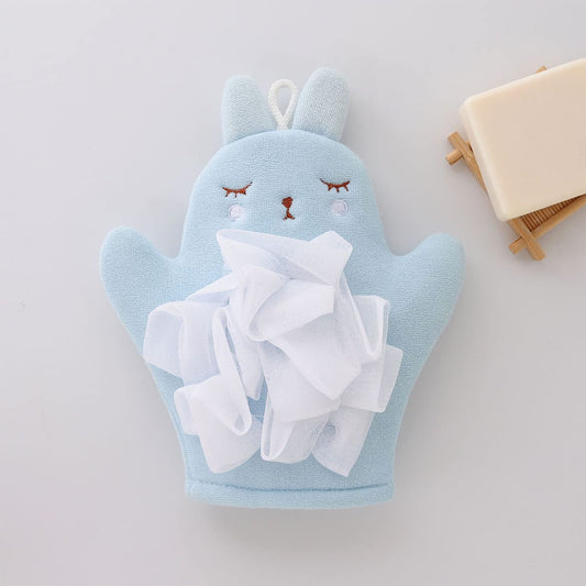 SYGA Child's Cute Towel Scrub Cartoon Bath Leather Gloves Foaming Double Sided Baby Clean Bath Tub Body Scrub Shower (Blue)