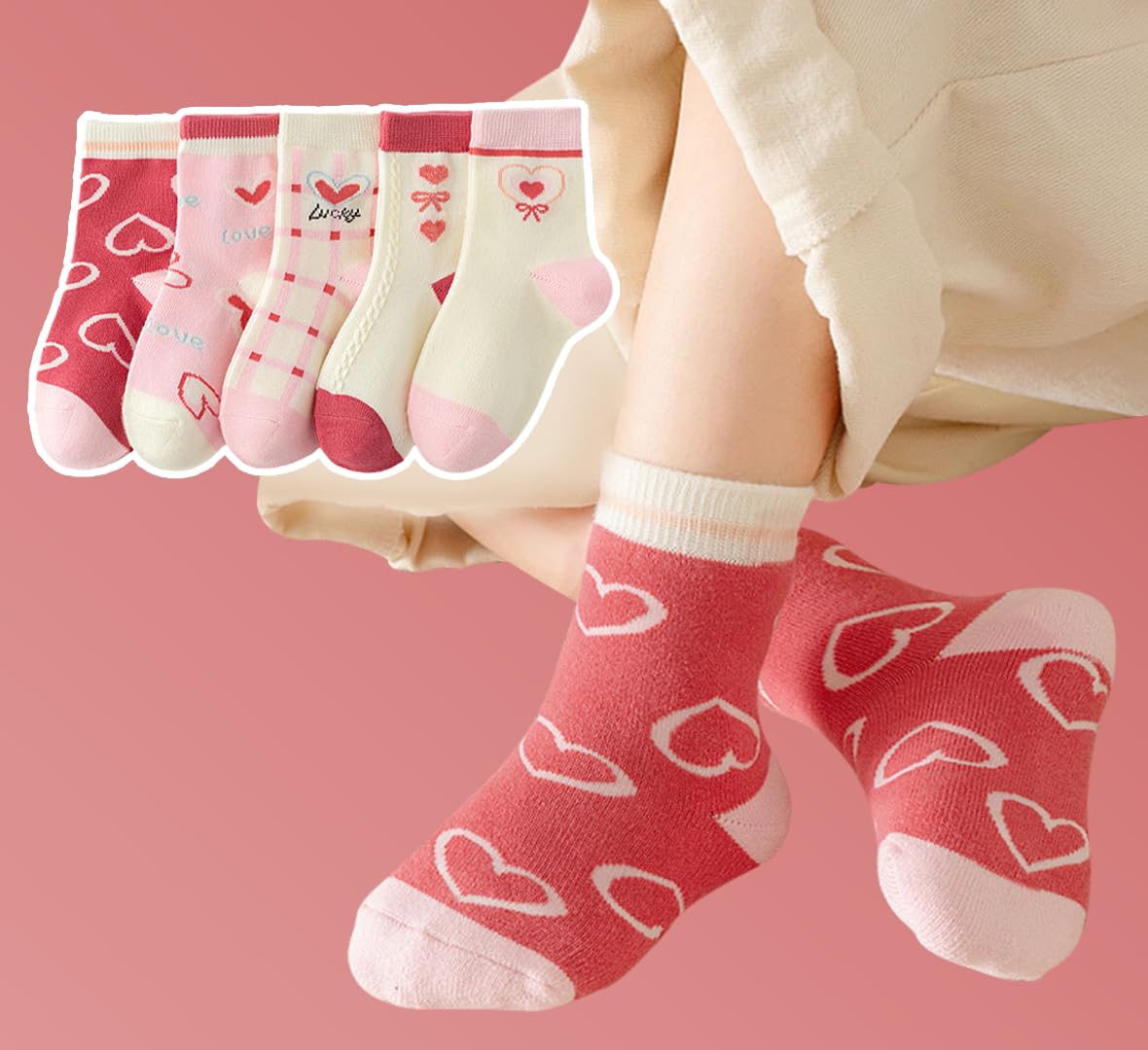 SYGA 5 Pairs Baby Girl Boy Socks, Toddlers Infant Cotton Warm Stretch Crew Socks with Heart Design, Suitable for Ages 18-38 Month baby