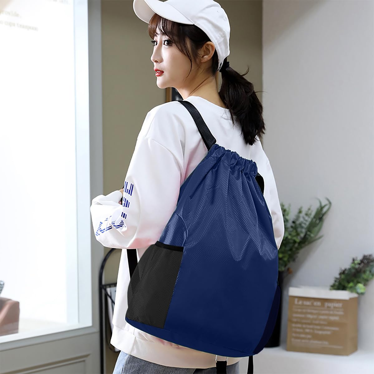 SYGA Drawstring Backpack for Gym, Yoga, Running, Swimming, Beach, Camping, Travel Bag Sports Fitness Club Student Training Bag(Navy Blue)