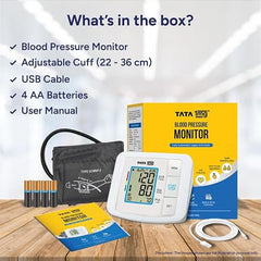 1MG Tata Arm Blood Pressure Monitor | Fully Automatic Portable Digital BP Machine For Home | Large LCD Display | Powered With USB Cable Or AA Batteries | Stores 90 Sets Of Memory For 2 Users, White