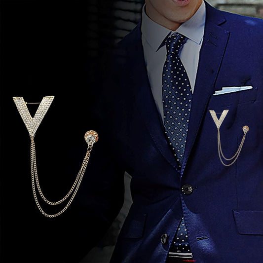 SYGA Men's & Women Suit Shirt Stud Lapel Pin Chain Tassel Brooch Pin with Crystal Chain(Big V gold)